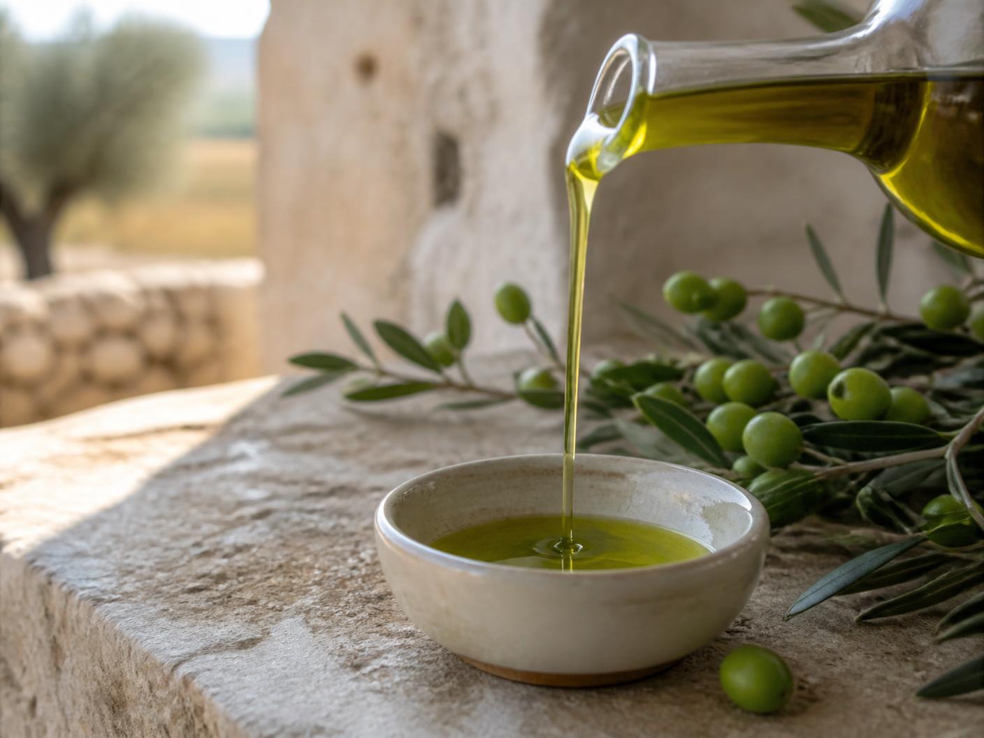 Degustazione di olio extravergine spremuto a freddo della Murgia in una ciotola di ceramica