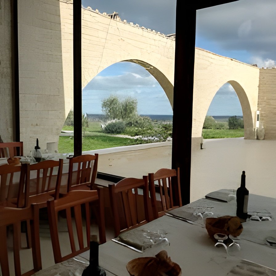 Archi in pietra affacciati sugli uliveti della Murgia barese visti dalla sala del ristorante